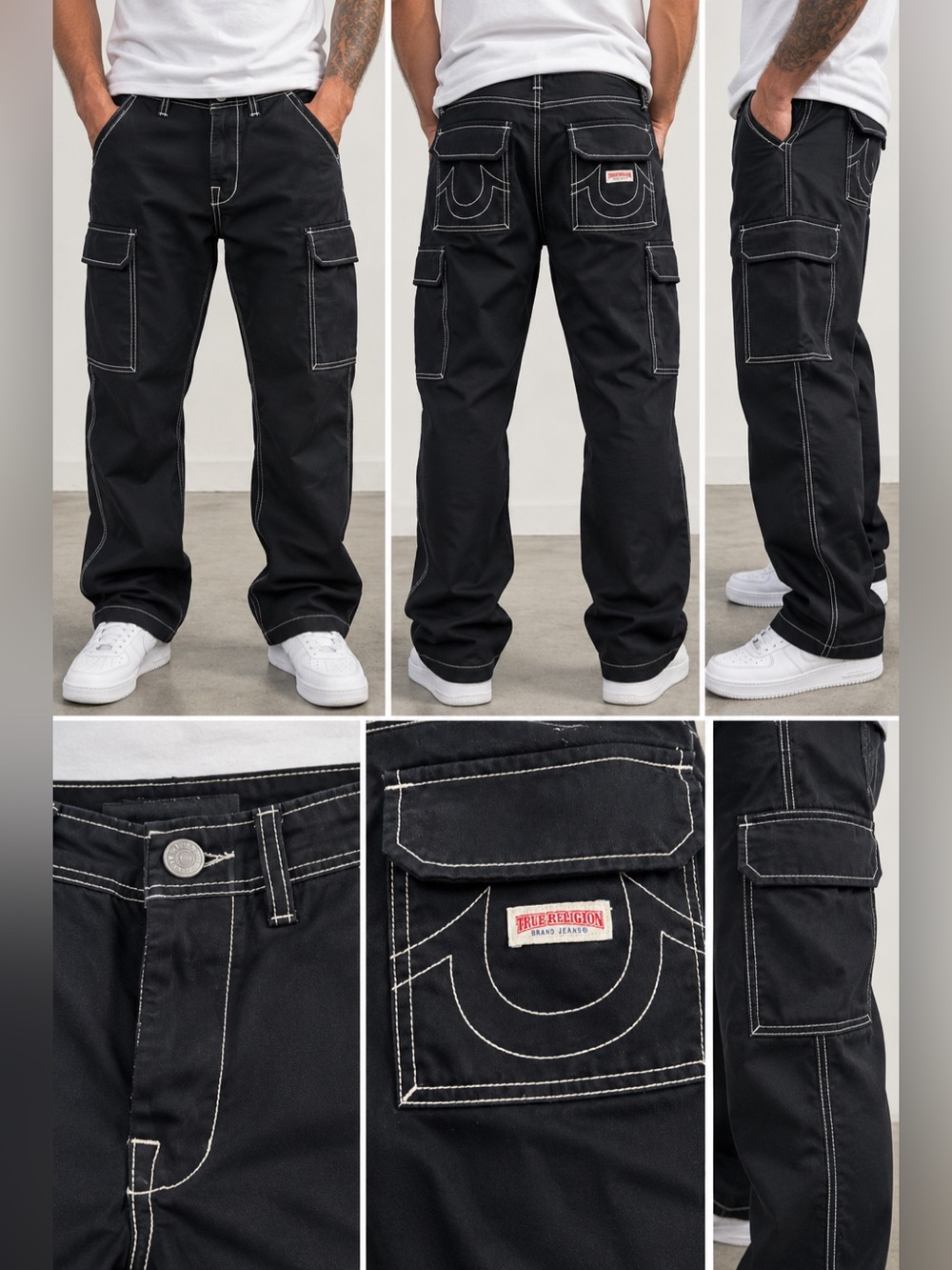 True Religion Cargo Pants Mens 30 Black White Contrast Stitch Y2K Baggy Utility
